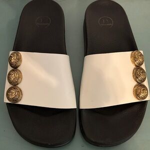 Balmain symi leather Women's White and Black Slide Sandals with Gold buttons 38